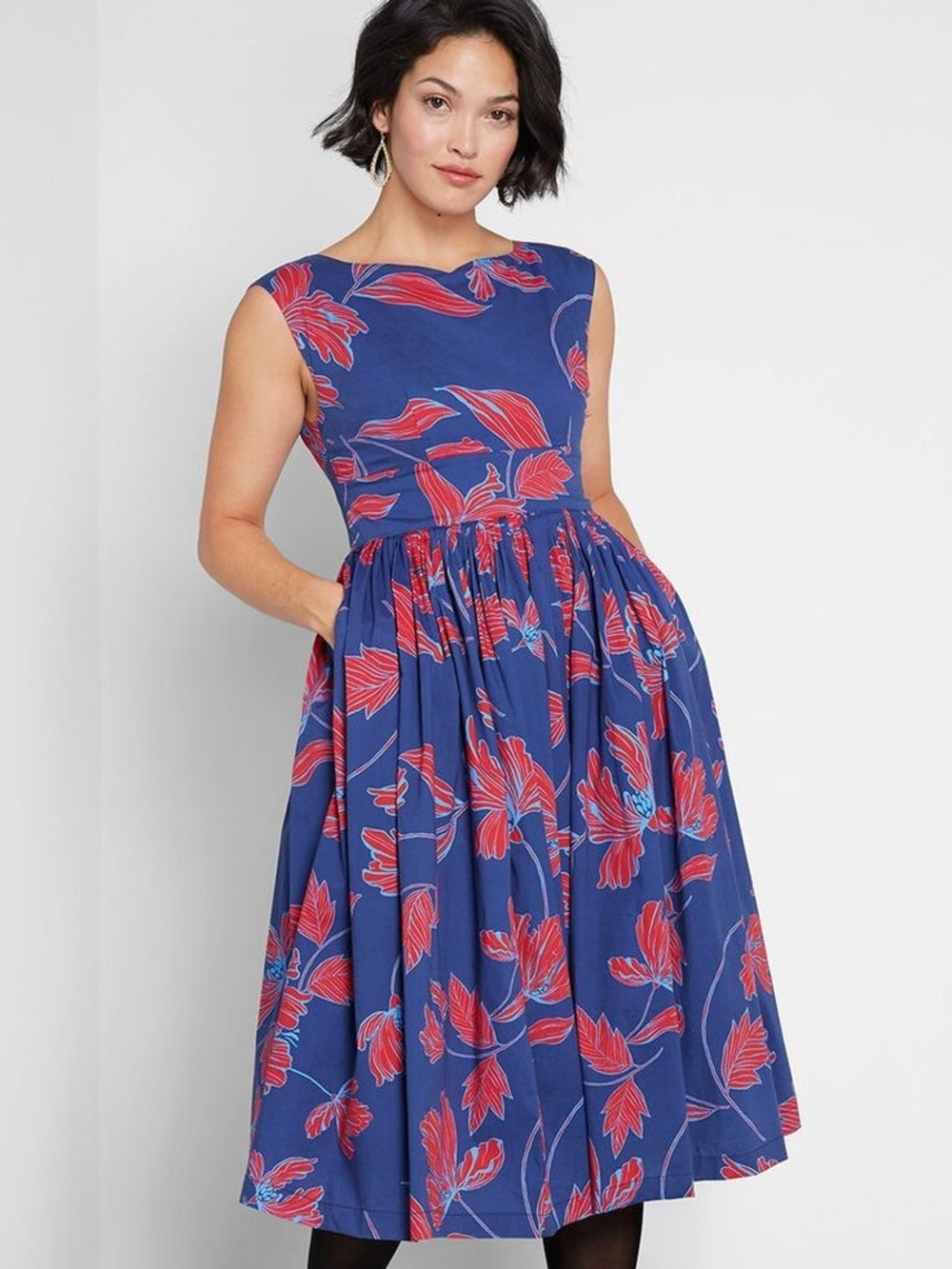Modcloth Blue Midi Dress with Red Floral Print Size XL
